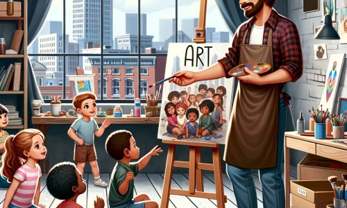 Une illustration pour enfants représentant un artiste talentueux, passionné par l'art, qui ouvre un atelier dans un petit espace du centre-ville pour enseigner aux enfants sa passion et partager son amour pour l'art.