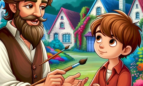 Une illustration destinée aux enfants représentant un artiste talentueux, passionné par la peinture, qui rencontre un jeune garçon curieux dans un village coloré entouré d'une forêt luxuriante.