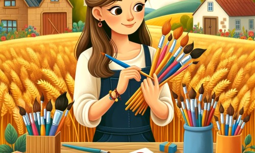 Une illustration pour enfants représentant une jeune femme passionnée de dessin et de peinture, qui découvre sa vocation lors d'une fête de village entourée de champs de blé.