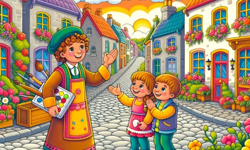 Une illustration destinée aux enfants représentant un artiste talentueux, vêtu d'une blouse colorée, qui rencontre deux enfants joyeux dans une rue pavée pleine de maisons colorées et de fleurs en fleurs.