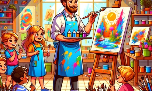 Une illustration destinée aux enfants représentant un artiste talentueux, entouré d'enfants curieux, dans son atelier coloré rempli de pinceaux, de toiles et de pots de peinture, où il crée des tableaux magnifiques.