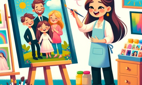 Une illustration pour enfants représentant une artiste talentueuse, sur le point de réaliser son rêve, dans un atelier d'art coloré et inspirant.