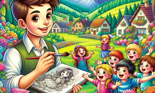 Une illustration destinée aux enfants représentant un artiste talentueux, entouré d'enfants souriants, dans un village pittoresque entouré de magnifiques jardins fleuris et d'une nature luxuriante.