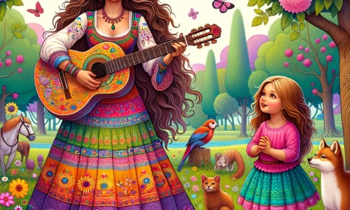 Une illustration destinée aux enfants représentant une femme artiste aux cheveux longs, vêtue d'une robe colorée, jouant de la guitare dans un parc rempli de fleurs et d'animaux, accompagnée d'une petite fille curieuse et enthousiaste.