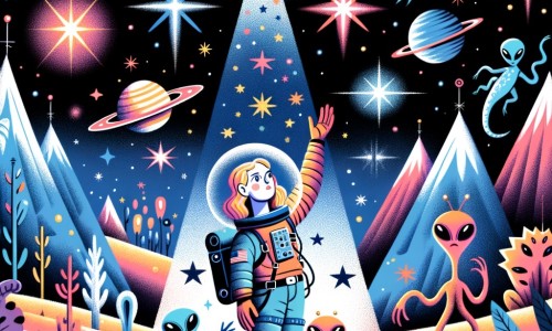 Une illustration destinée aux enfants représentant une femme astronaute, entourée d'étoiles scintillantes, explorant une planète lointaine avec l'aide de mystérieux extraterrestres, dans un paysage extraterrestre aux montagnes colorées et aux créatures étranges.