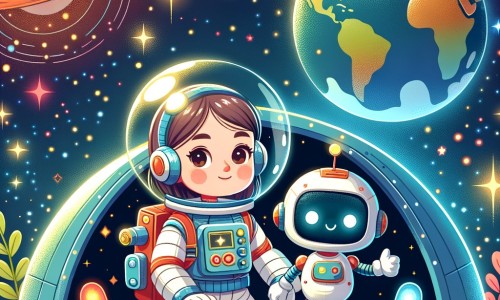 Une illustration pour enfants représentant une femme passionnée d'astronomie qui part en mission spatiale avec son équipe pour explorer l'espace et découvrir de nouveaux mondes, dans le lieu fascinant de l'infini cosmos.