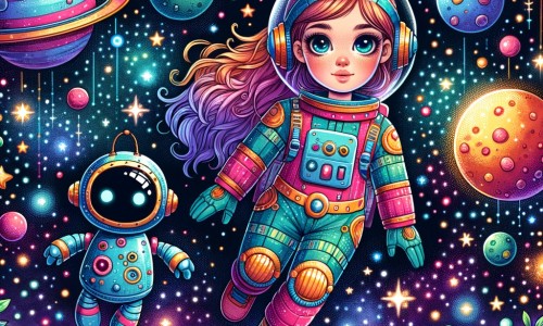 Une illustration pour enfants représentant une jeune femme rêveuse, qui veut devenir astronaute, et qui se trouve dans un centre spatial.
