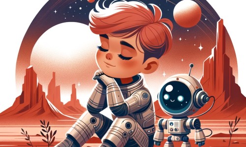 Une illustration pour enfants représentant un homme intrépide, passionné d'astronomie, qui se prépare pour une aventure spatiale extraordinaire sur la planète Mars.