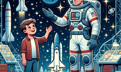 Une illustration destinée aux enfants représentant un jeune homme fasciné par l'espace, accompagné d'un astronaute bienveillant, dans un centre spatial rempli de fusées et d'équipements scientifiques futuristes, entourés par un ciel étoilé étincelant.