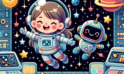 Une illustration pour enfants représentant une femme astronaute, réalisant son rêve en explorant l'espace à bord d'une fusée, dans un musée de l'espace rempli d'étoiles scintillantes.