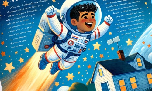 Une illustration pour enfants représentant un homme passionné par les étoiles, qui se lance dans une aventure spatiale extraordinaire depuis sa petite maison bleue pour réaliser son rêve d'astronaute.