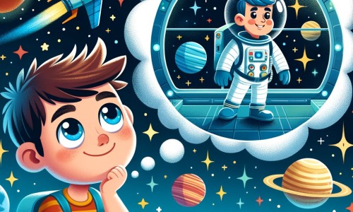 Une illustration pour enfants représentant un jeune homme rêvant de voyager dans l'espace, qui réalise son rêve en devenant astronaute et voyageant dans la galaxie, à bord d'une navette spatiale.