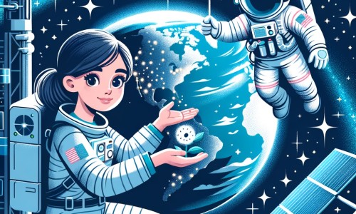 Une illustration pour enfants représentant une femme astronaute, vivant son rêve d'explorer l'espace, dans une station spatiale en orbite autour de la Terre.