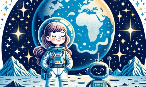 Une illustration pour enfants représentant une astronaute intrépide se préparant pour une grande aventure spatiale dans une petite ville pleine de rêves et d'étoiles.