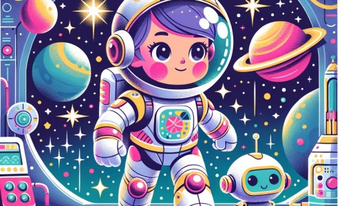 Une illustration pour enfants représentant une astronaute intrépide, rêvant de voyager dans l'espace, se déroulant dans une petite maison au bord d'un lac.