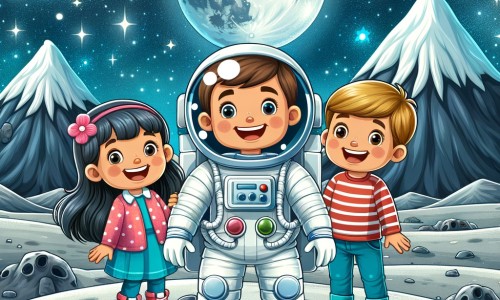 Une illustration destinée aux enfants représentant un astronaute souriant, accompagné de deux enfants enthousiastes, sur la surface de la Lune, entourés de montagnes lunaires majestueuses et d'un ciel étoilé scintillant.
