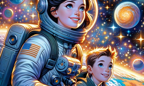 Une illustration destinée aux enfants représentant une femme astronaute, souriante et déterminée, en train d'explorer l'espace aux côtés d'un jeune garçon curieux, entourés d'étoiles scintillantes et de planètes colorées, dans le vaste univers infini.