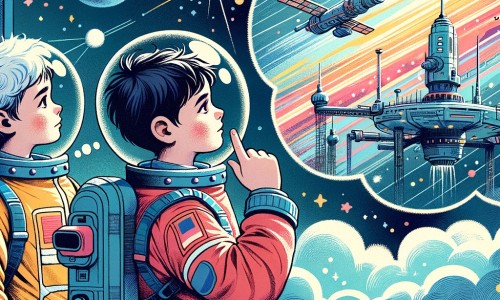 Une illustration pour enfants représentant un jeune homme rêveur, captivé par les étoiles, qui se retrouve propulsé dans l'espace à bord d'une fusée spatiale, découvrant la beauté de Mars.