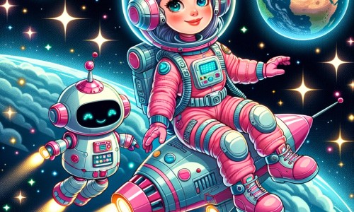 Une illustration pour enfants représentant une femme astronaute accomplie qui réalise son rêve d'aller dans l'espace pour réparer un satellite de communication, dans l'espace extra-atmosphérique.