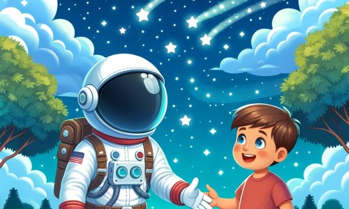 Une illustration destinée aux enfants représentant un astronaute courageux, entouré d'étoiles scintillantes, faisant la rencontre d'un petit garçon passionné dans un parc verdoyant, où les arbres se balancent doucement sous un ciel bleu azur parsemé de nuages blancs moelleux.