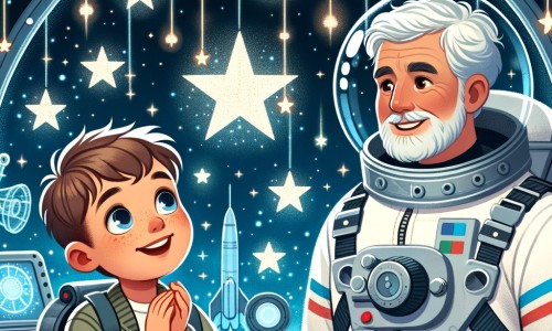 Une illustration destinée aux enfants représentant un jeune homme fasciné par les étoiles, rêvant de voyager dans l'espace, accompagné d'un astronaute expérimenté, dans une station spatiale futuriste entourée d'étoiles scintillantes.