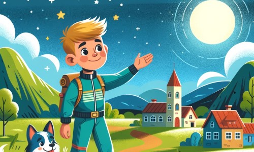 Une illustration destinée aux enfants représentant un jeune homme passionné par les étoiles, qui s'entraîne pour devenir astronaute, accompagné de son fidèle chien, dans une petite ville entourée de collines verdoyantes, avec un ciel étoilé brillant en arrière-plan.
