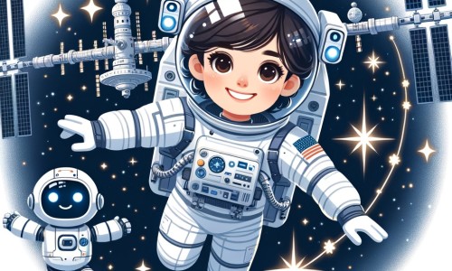 Une illustration destinée aux enfants représentant une femme astronaute, flottant dans l'espace avec un sourire radieux, accompagnée d'un petit robot astronaute, explorant les étoiles scintillantes et la majestueuse Station spatiale internationale.