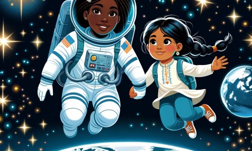 Une illustration destinée aux enfants représentant une astronaute intrépide, flottant dans l'espace aux côtés d'une petite fille curieuse, avec la Terre en toile de fond, illuminée par des milliers d'étoiles scintillantes.