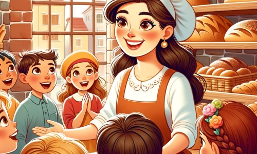 Une illustration pour enfants représentant une femme souriante et solide, boulangère de profession, montrant à des enfants comment faire du pain dans sa propre cuisine.