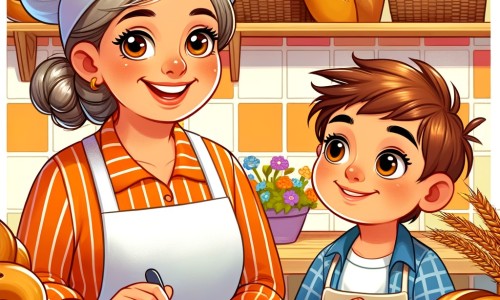 Une illustration destinée aux enfants représentant une boulangère joyeuse et vive, entourée d'un petit garçon curieux, travaillant ensemble dans une boulangerie chaleureuse et colorée, remplie de pains et de pâtisseries appétissantes.