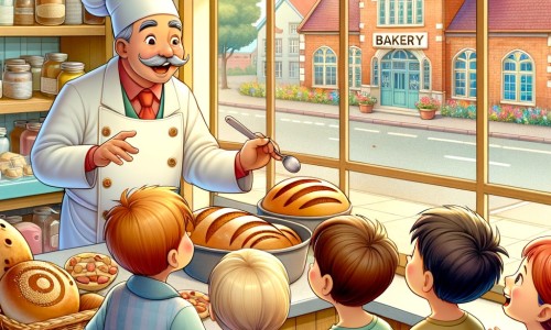 Une illustration destinée aux enfants représentant un boulanger passionné, entouré d'enfants curieux, dans une boulangerie chaleureuse et colorée située en face d'une école primaire.