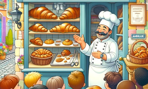 Une illustration destinée aux enfants représentant un boulanger souriant en train de préparer des croissants dans sa boulangerie pittoresque, avec des enfants curieux observant attentivement le processus, le tout se déroulant dans une petite ville colorée appelée Marmelade.