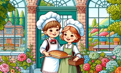 Une illustration destinée aux enfants représentant une femme boulangère passionnée, accompagnée d'un joyeux apprenti, dans une charmante boulangerie en briques avec de grandes fenêtres en verre, entourée de jardins fleuris et d'arbres verdoyants.