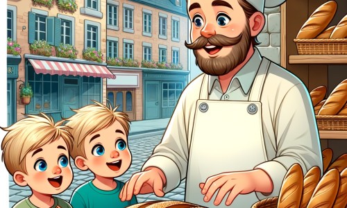 Une illustration destinée aux enfants représentant un boulanger souriant et chaleureux dans sa petite boulangerie au cœur de la ville, entouré de deux jumeaux curieux et enthousiastes, observant avec fascination le processus de fabrication du pain.
