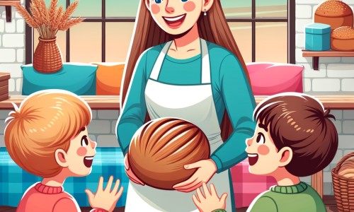 Une illustration destinée aux enfants représentant une femme joyeuse, enveloppée d'un tablier blanc, dans une boulangerie chaleureuse et colorée, partageant sa passion avec deux enfants curieux.