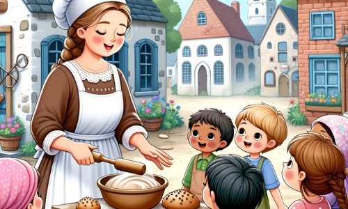Une illustration pour enfants représentant une boulangère passionnée partageant son savoir-faire avec les enfants dans un petit village pittoresque.