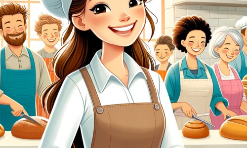 Une illustration destinée aux enfants représentant une jeune femme souriante, vêtue d'un tablier et d'une chemise blanche, travaillant joyeusement dans une boulangerie colorée et chaleureuse, entourée d'une équipe de boulangers talentueux, et préparant toutes sortes de délicieux pains et pâtisseries.
