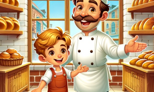 Une illustration pour enfants représentant un boulanger passionné qui travaille dur dans sa boulangerie pour satisfaire ses clients et partager sa passion avec les enfants.