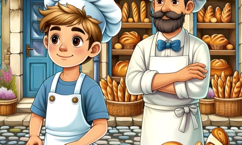 Une illustration pour enfants représentant un boulanger passionné, travaillant avec amour dans sa boulangerie traditionnelle en plein coeur de la ville.