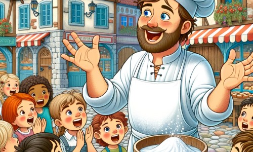 Une illustration pour enfants représentant un boulanger passionné et talentueux, vivant dans un village pittoresque, où il partage son amour pour la fabrication du pain avec les enfants du village.