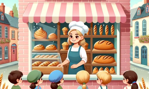 Une illustration pour enfants représentant une femme boulangère dans sa boulangerie animée d'un village pittoresque.