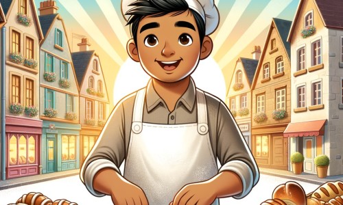 Une illustration pour enfants représentant un boulanger passionné, préparant de délicieuses pâtisseries dans sa chaleureuse boulangerie d'une petite ville ensoleillée.