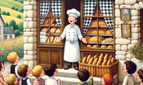 Une illustration pour enfants représentant un boulanger passionné préparant du pain frais dans sa charmante boulangerie d'un petit village paisible.