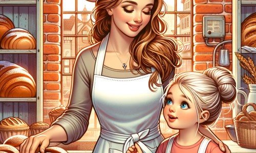 Une illustration pour enfants représentant une femme boulangère passionnée, préparant de délicieuses pâtisseries dans sa charmante boulangerie.