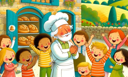 Une illustration destinée aux enfants représentant un boulanger passionné, entouré de joyeux enfants, dans un charmant village campagnard avec une boulangerie en pierre aux volets colorés et des champs verdoyants en arrière-plan.