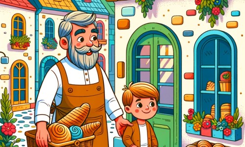 Une illustration destinée aux enfants représentant un boulanger chaleureux dans sa boulangerie traditionnelle, accompagné d'un jeune garçon curieux, au cœur d'un quartier coloré et animé avec des maisons en pierre, des fenêtres fleuries et des rues pavées.