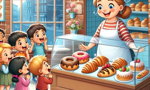 Une illustration destinée aux enfants représentant une boulangère souriante et dynamique dans sa jolie boulangerie aux murs en briques, entourée d'enfants émerveillés par les délicieuses pâtisseries exposées dans la grande vitrine.