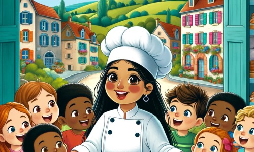 Une illustration pour enfants représentant une femme passionnée par la boulangerie qui ouvre sa propre boulangerie dans un petit village français et partage sa passion avec les enfants.
