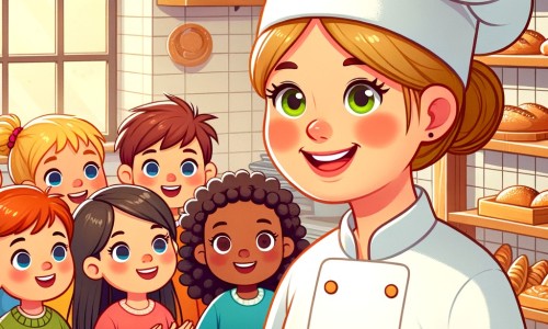 Une illustration destinée aux enfants représentant une boulangère souriante, entourée d'enfants curieux, dans une boulangerie chaleureuse et colorée, où elle prépare de délicieuses pâtisseries et du pain frais chaque jour.