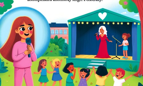 Une illustration destinée aux enfants représentant une jeune femme passionnée par le chant, confrontée à la peur de chanter en public, rencontrant une chanteuse célèbre et découvrant sa voie en tant que chanteuse, dans un parc verdoyant avec une scène colorée où les enfants dansent et chantent joyeusement.